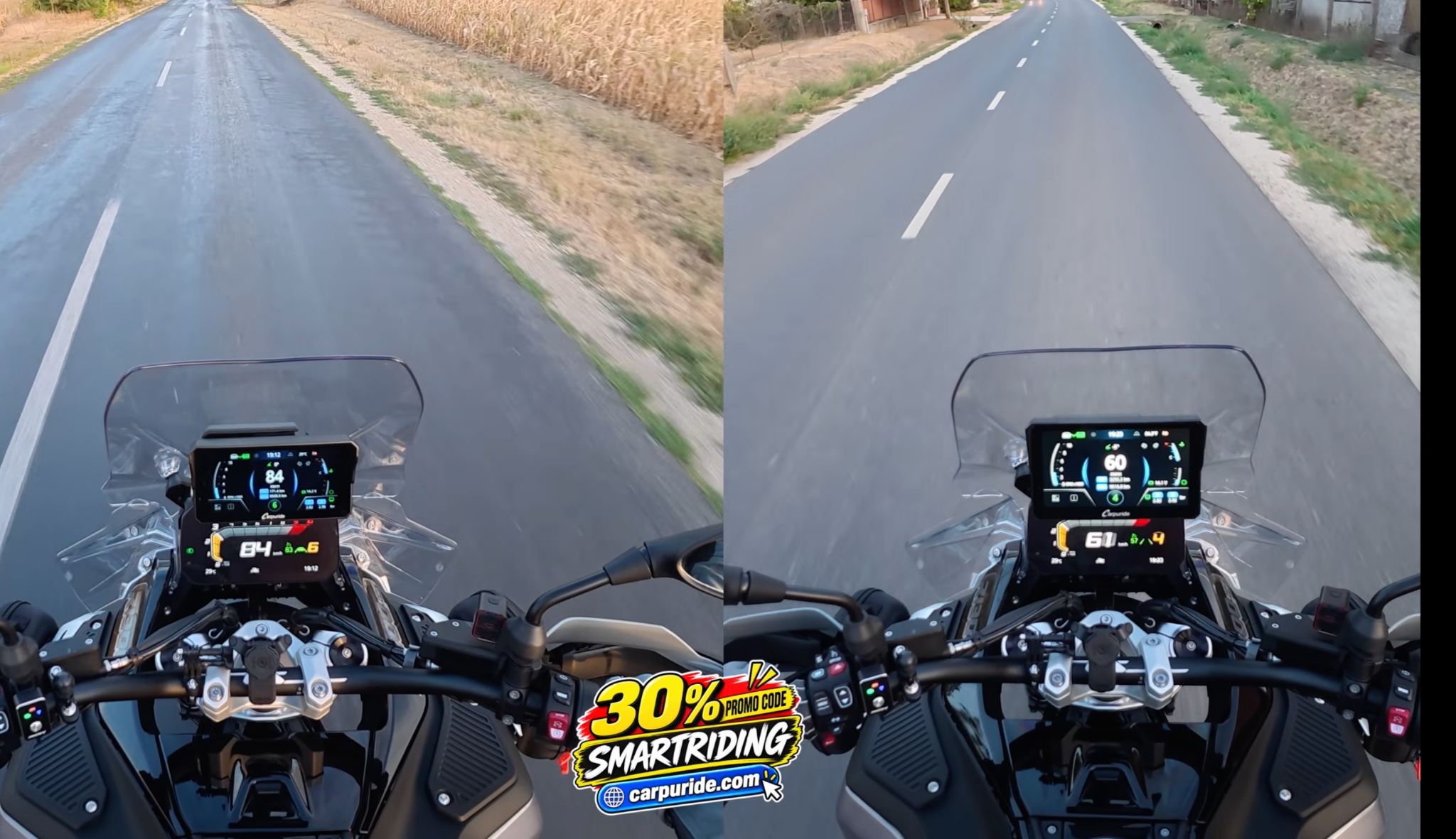 Rider's perspective of the Carpuride screens on the motorcycle