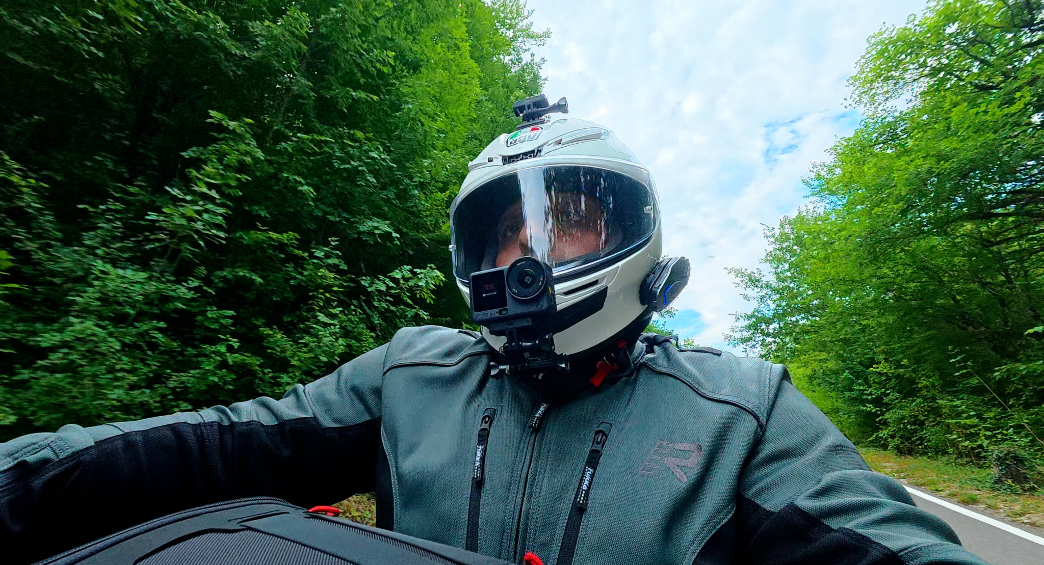 Nadeem riding with his helmet cameras and communication system